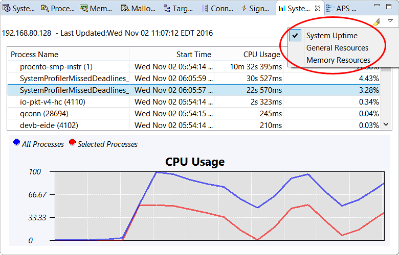 Screenshot of System Resources view with System Uptime data displayed