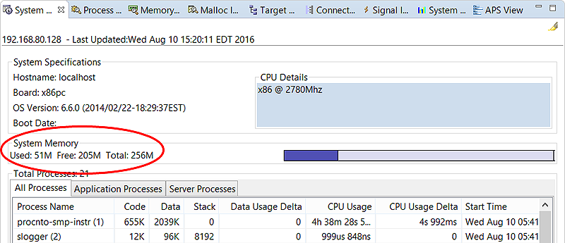 Screenshot of System Summary view with used, free, and total memory usage statistics highlighted