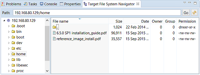 Screenshot of Target File System Navigator showing a directory selected in the left pane and a listing of its files in the right pane