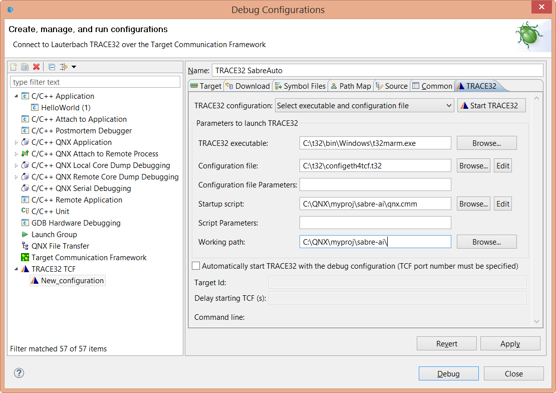 Screenshot of TRACE32 debug configuration with TRACE32 tab selected and filled out