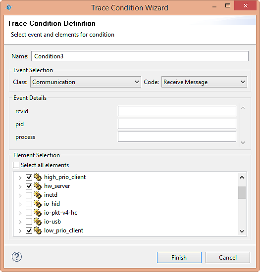 Screenshot of Trace Condition Wizard with the Communcation class and Receive Message event type selected and the list of possible owners expanded underneath