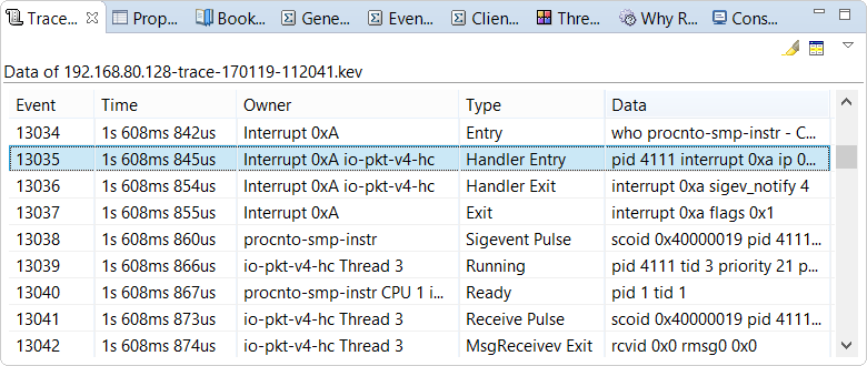 Screenshot of Trace Event Log view showing the event sequence for processing an interrupt from vector 0xA with a handler function in io-pkt-v4-hc followed by a thread in the same process