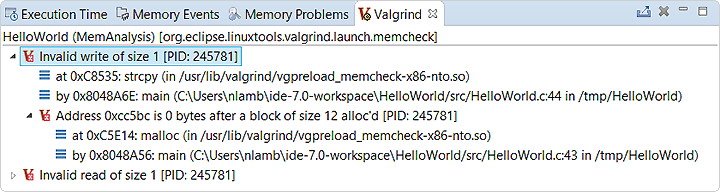 Screenshot of Valgrind view showing the error summary and stack trace for an invalid write error