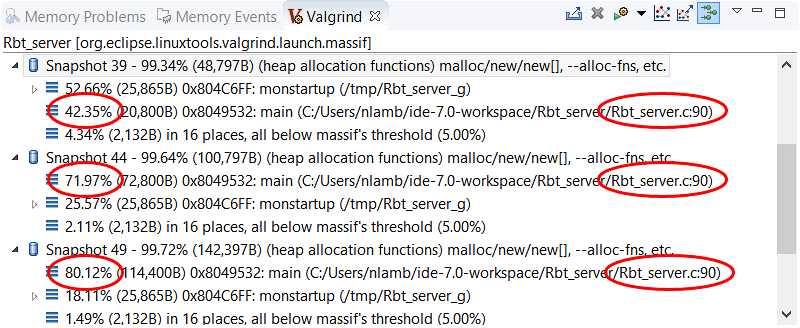 Screenshot of Valgrind view containing several detailed snapshots that show increasing memory allocated in main()