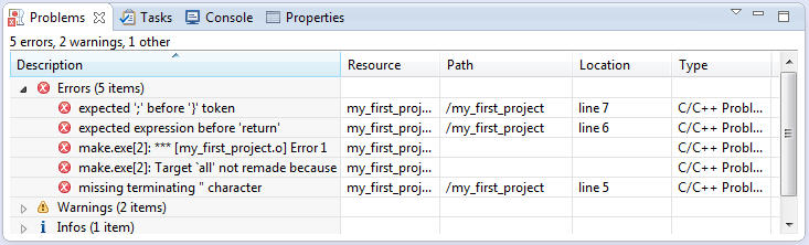 Compile errors in the Problems view