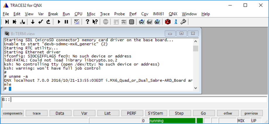 Screenshot of TRACE32 Development System with the running message displayed at the bottom