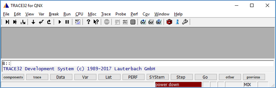 Screenshot of TRACE32 Development System with the power down message displayed at the bottom