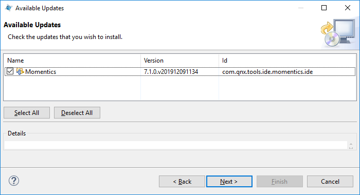 Screenshot of updates wizard listing of available updates