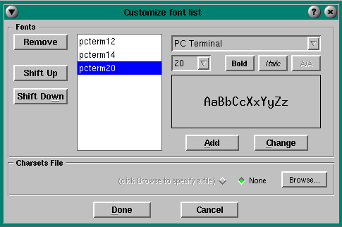 Custom Font List dialog