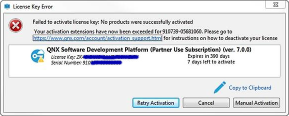 Screenshot of error window containing a message containing "Your activation extensions have now been exceeded"