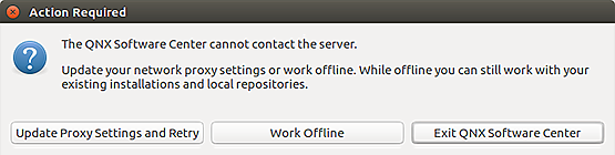 Screenshot of error window containing a message beginning with "The QNX Software Center cannot contact the server"