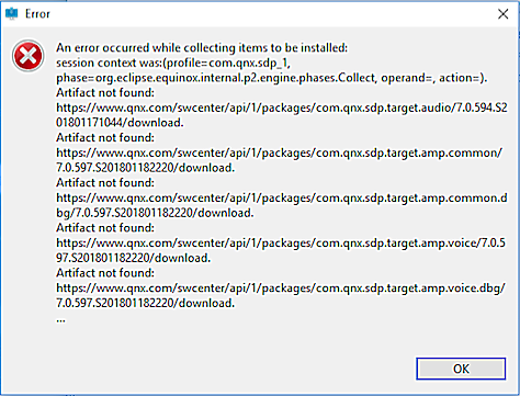 Screenshot of error window containing a message beginning with "An error occurred while collecting items to be installed
