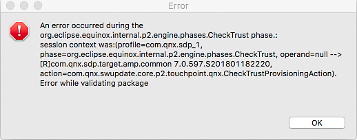 Screenshot of error window containing a message ending with "Error while validating package"