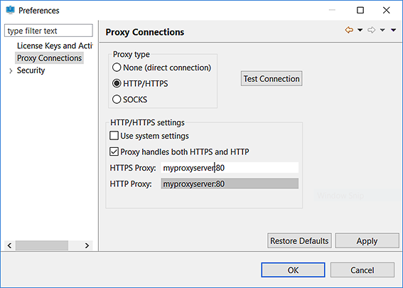 Screenshot of Preferences window showing Proxy Connections fields for configuring proxy type and server locations
